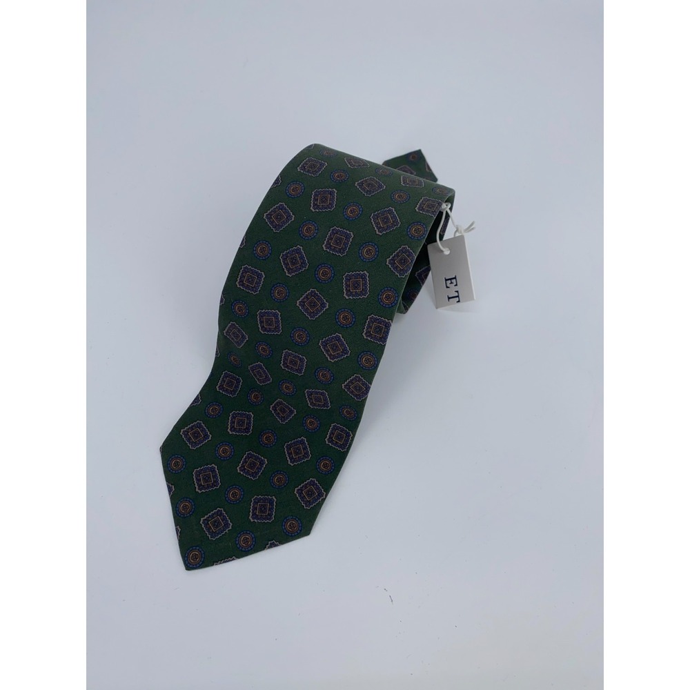 Eton Mens Green Geometric Patterned Silk Classic Luxury Tie Made in Italy